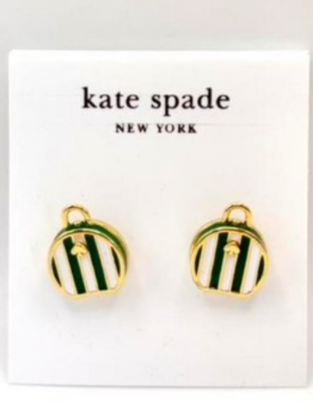 kate spade Travel Suitcase Green & White Striped Circle Charm Studs